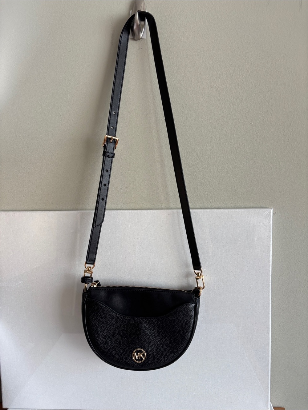 Michael Kors Black Pebble Leather Crescent Crossbody with Gold Hardware